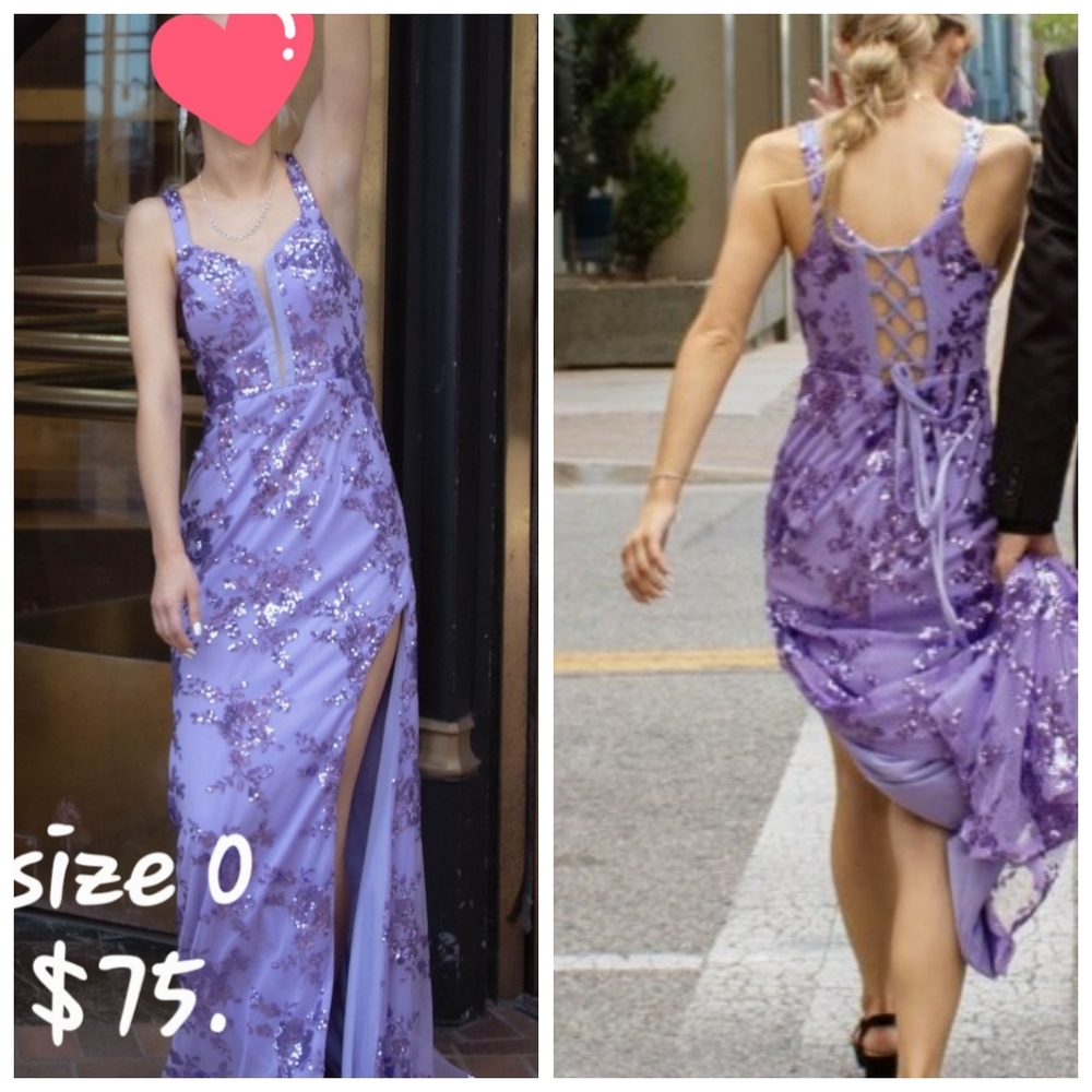 prom dress Size 0. Lavender with darker purple sequen, slit and corset back.